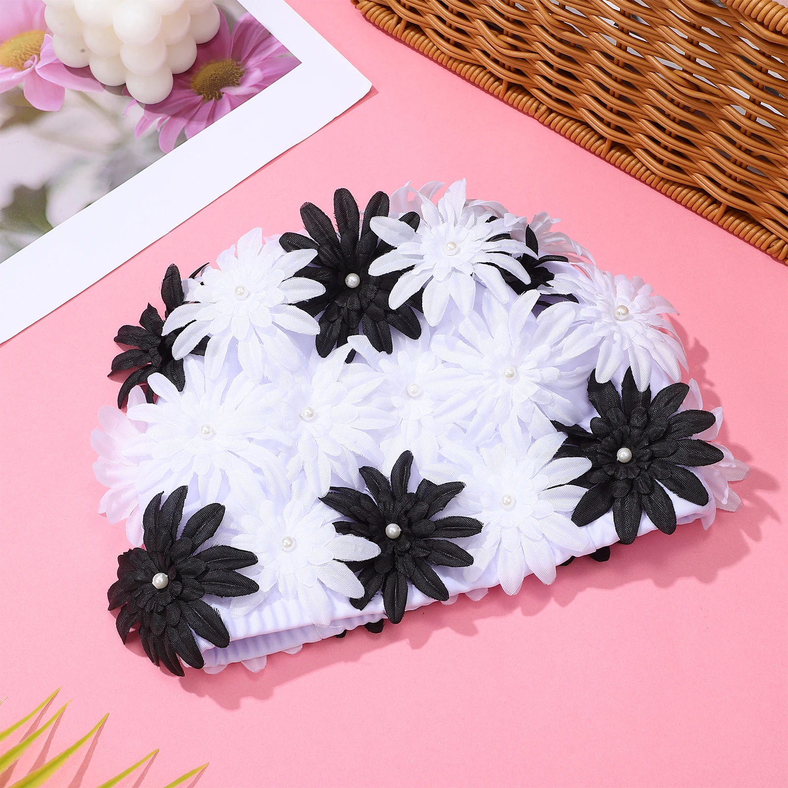 

1pcs Pearl Flower Swimming Cap White Black Floral Ladies Nylon Swim Hat Waterproof Comfortable Breathing Water Sports