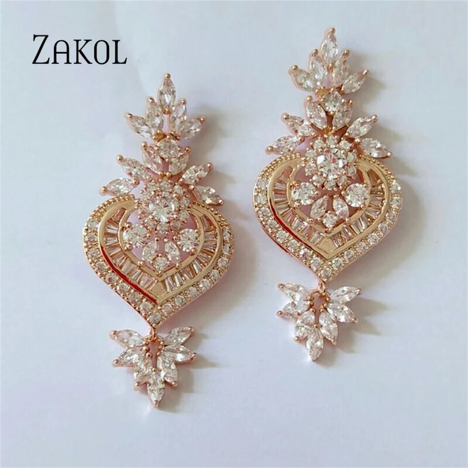 ZAKOL New Heart Zircon Pendant Earrings For Women Long Hollow Crystal Inlay Drop Earring Luxury Bridal Wedding Jewelry Gifts