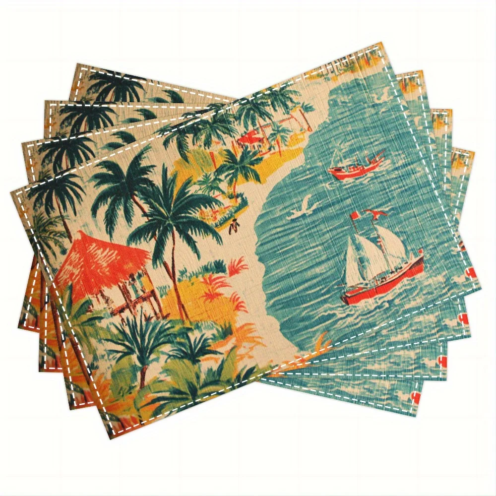 4pcs Placemats, Medieval Retro Style Florida Design Placemats. 12 X 18 Inches, Suitable for Dining Tables, Kitchens, Parties