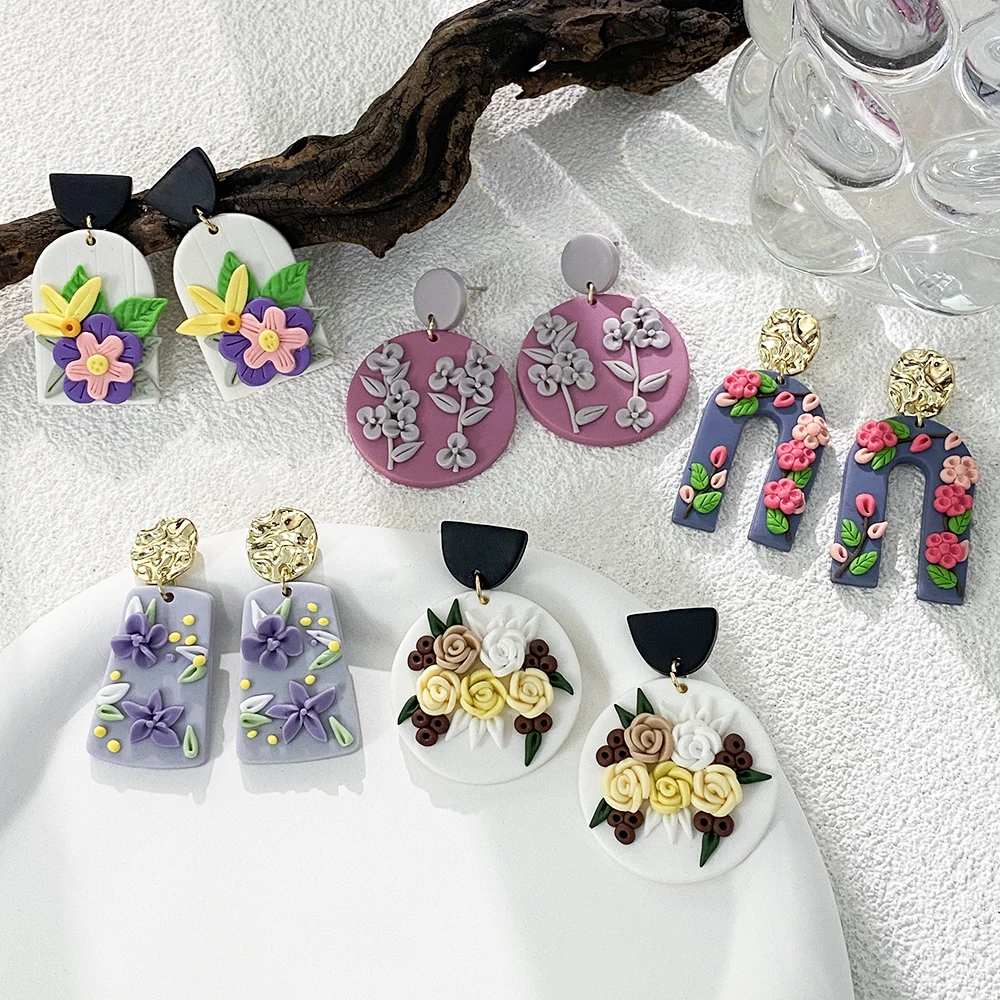 AENSOA Women\'s Multiple Three-dimensional Flower Earrings Trendy Polymer Clay Alloy Geometry Origin Chic Drop Earring Jewelry