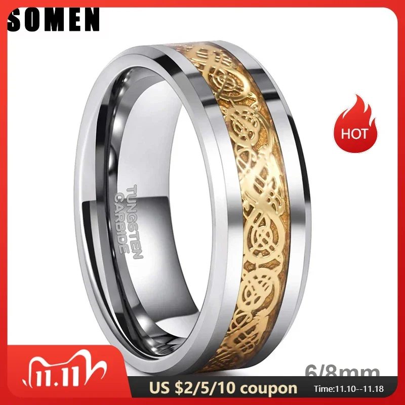 Somen Ring Men Real Tungsten Ring 6mm/8mm Gold Celtic Dragon Polished Engagement Rings Wedding Band Fashion Party Men Jewelry