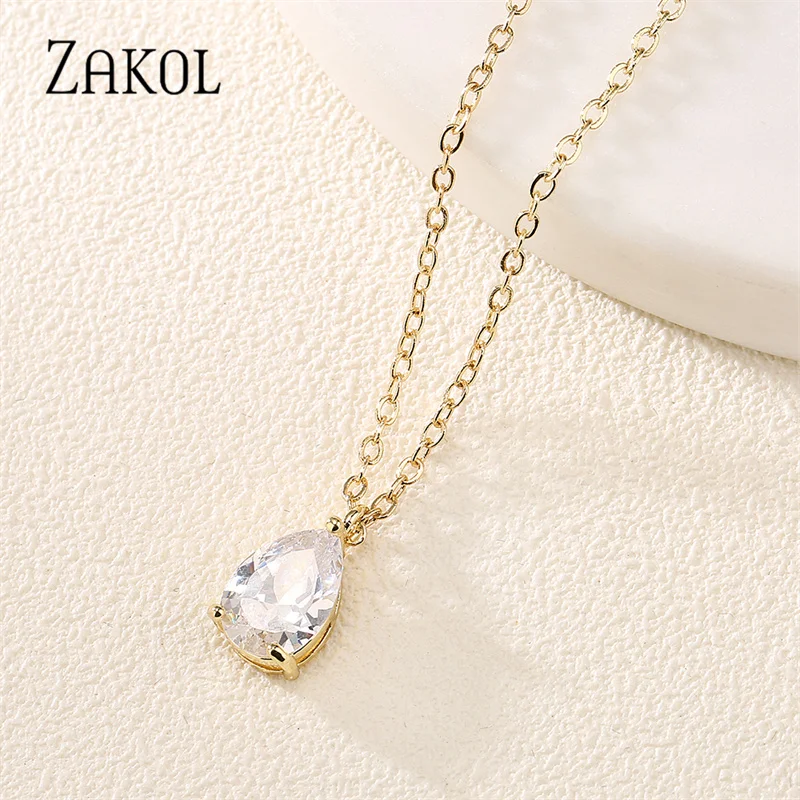 ZAKOL Classic Sparkling Water Drop CZ Pendant Chains Necklaces White Color Cubic Zirconia Wedding Jewelry for Women NP5089