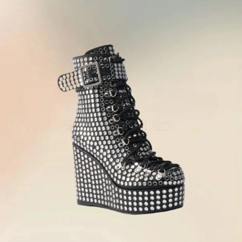

Black Crystal Wedges Heel Strappy Platform Boots Side Zipper Women Shoes Round Toe Party Feast Dating 2025 Zapatos Para Mujere
