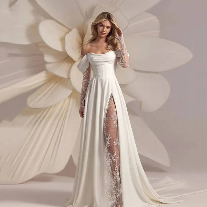 

Couture Customized Off The Shoulder Ivory Satin Bridal Gown Draped Neckline Sheer Lace Waist High Split Lace Inset A Line