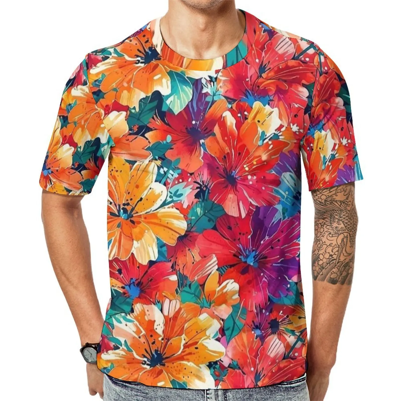 Plus Size T-Shirt Summer Bright Flower Retro Print T-Shirts  Funny O-Neck Tee Shirt Men Hippie Pattern Top Tees
