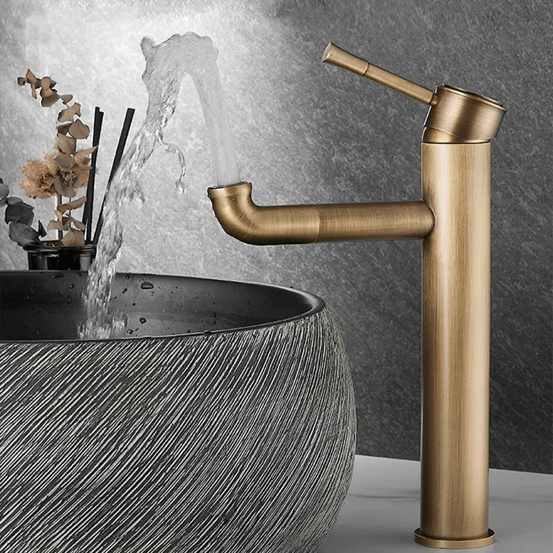 Antique Basin Faucet Hot Cold Bathroom Rotate Spout Sink Mixer Brass Single Lever Lavatory Tap Unique Total Copper Decked