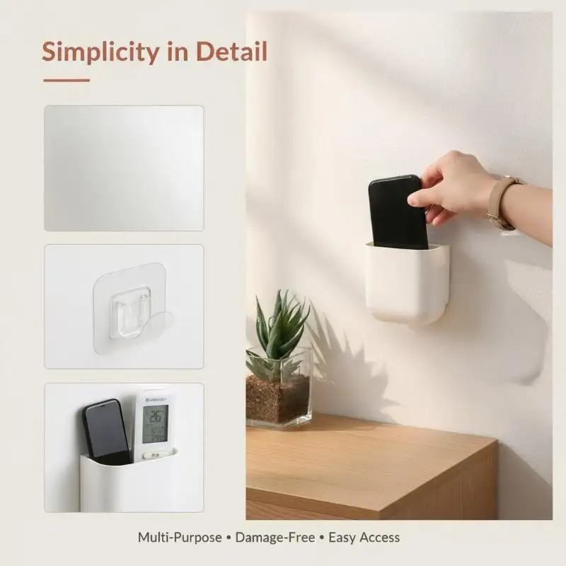Self-Adhesive Wall Mounted Storage Rack Scratch Resistant Plastic Holder for Phone Remote Controls Office Desk Side