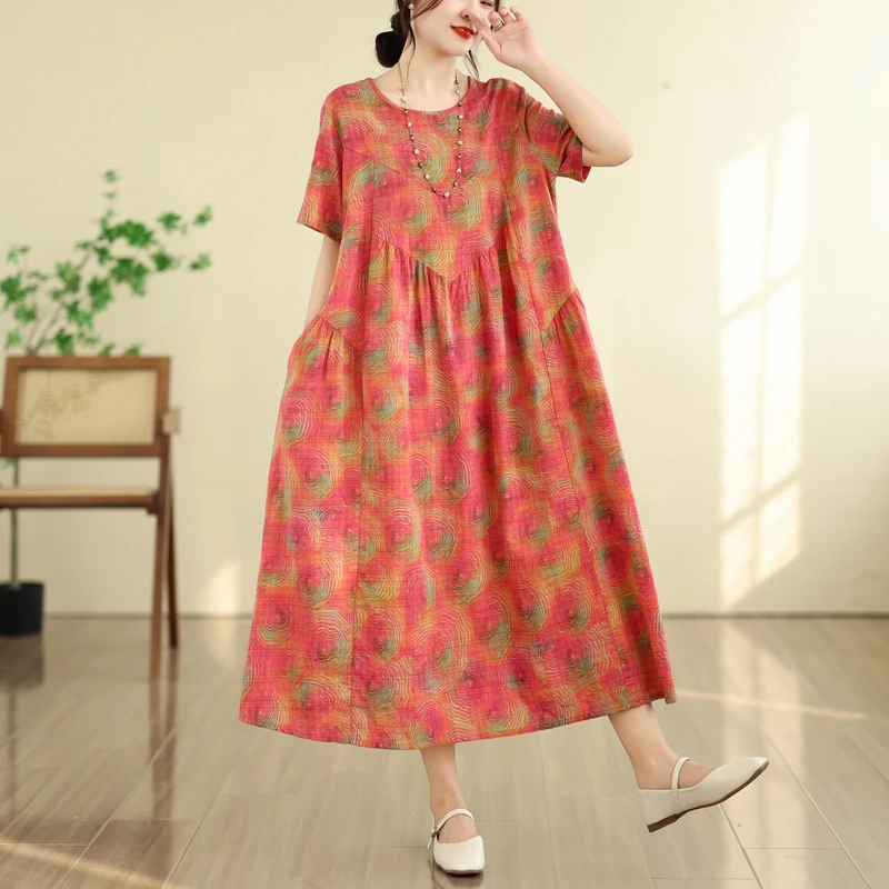 

Summer New Vintage Bamboo Fiber A-Line Dress Women's Loose Slimming round Neck Pocket Short Sleeve Long Dress Artistic Style