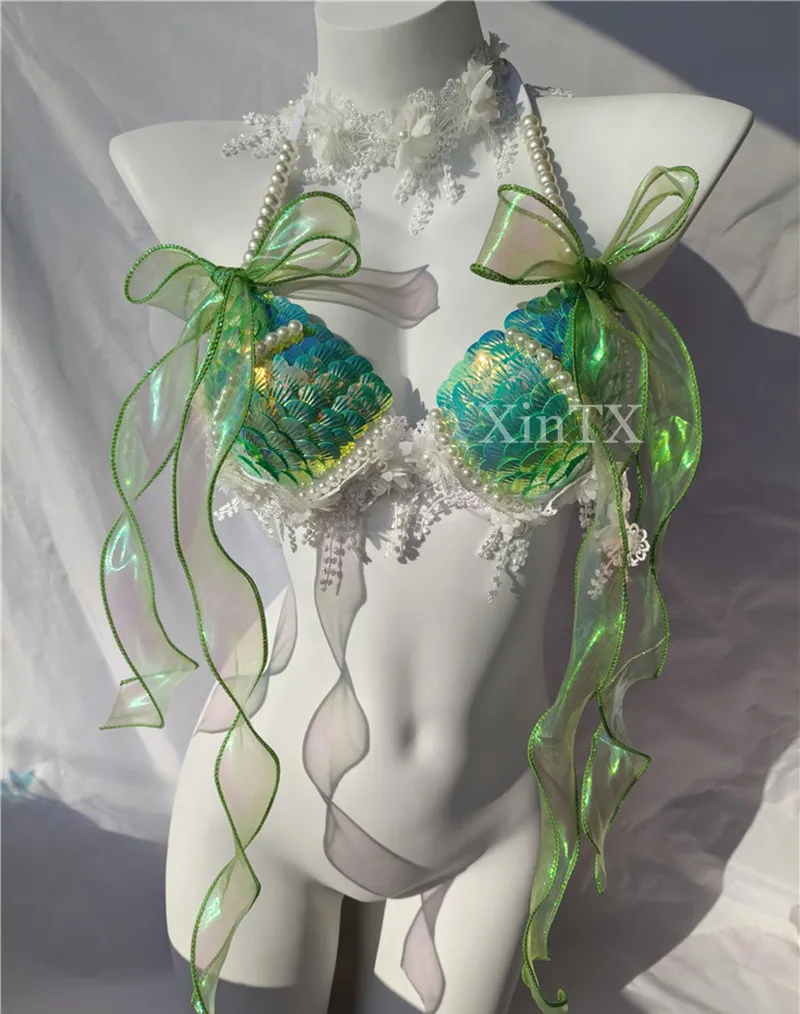 Sexy sirena paillettes conchiglie Bikini top reggiseni Oceanarium reggiseno spettacoli fuori Costume coda di pesce pelle donne Free diving Show