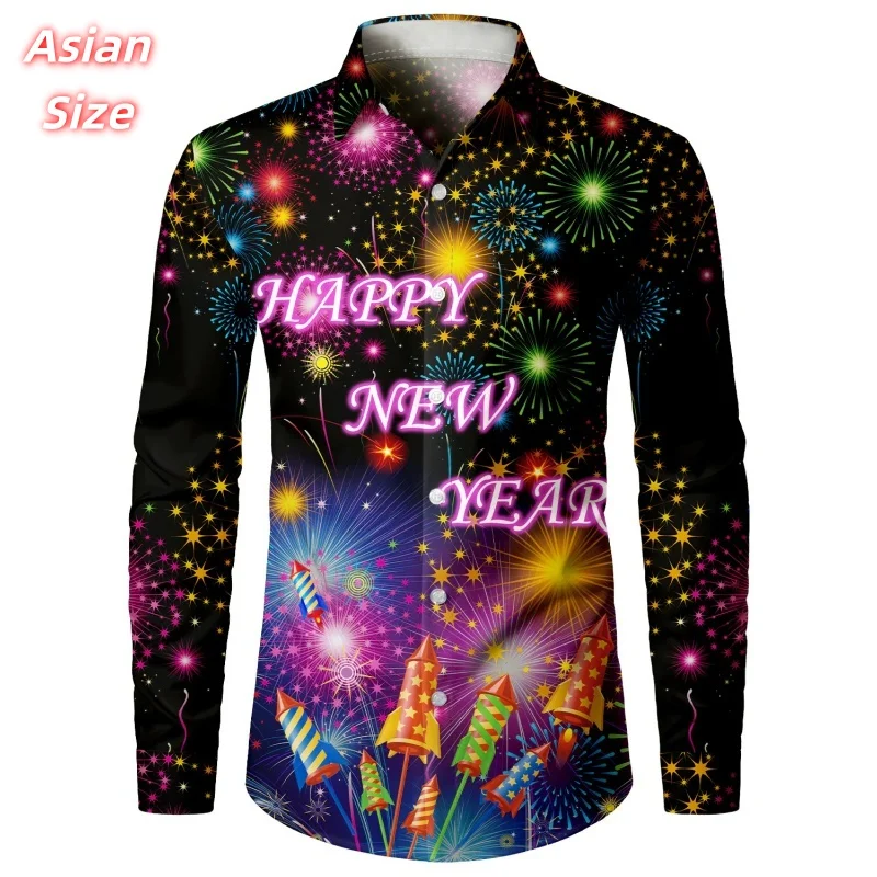 New Year Christmas Pattern Hawaiian Shirts For Men Women Firework 3D Printed Aloha Shirts Casual Tops Loose Long Sleeve Blouse