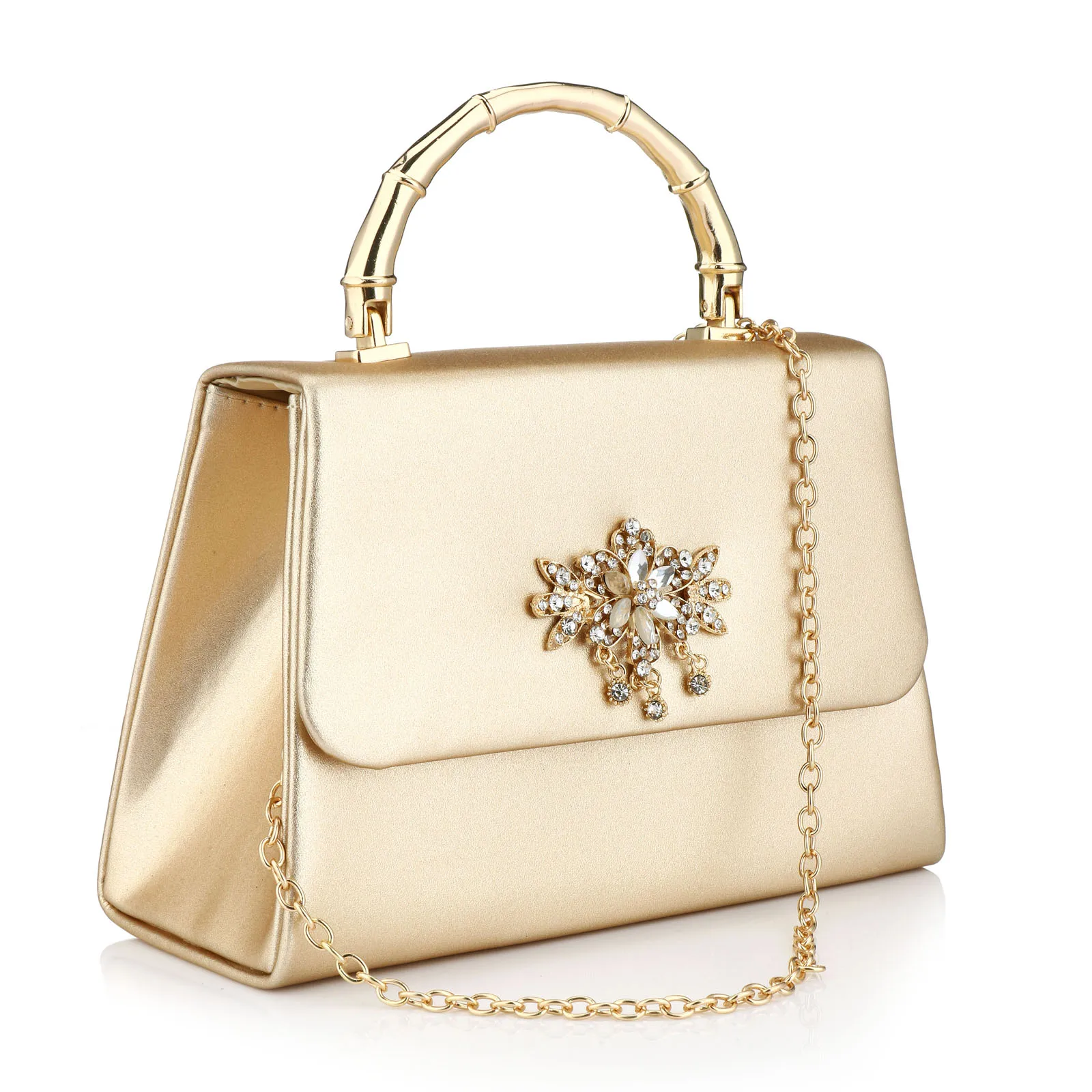 Luxurious Gold Evening Handbag For Women Leather Hobos Rhinestone Floral Crossbody Bag Design Small Clutch  Bag Female Boch Bag