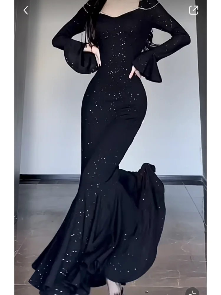 Vintage Elegant Sequined Long Mermaid Dress Women Black Korean Slim Fairy Dress Female Long Sleeve Casual Evening Party Dresses