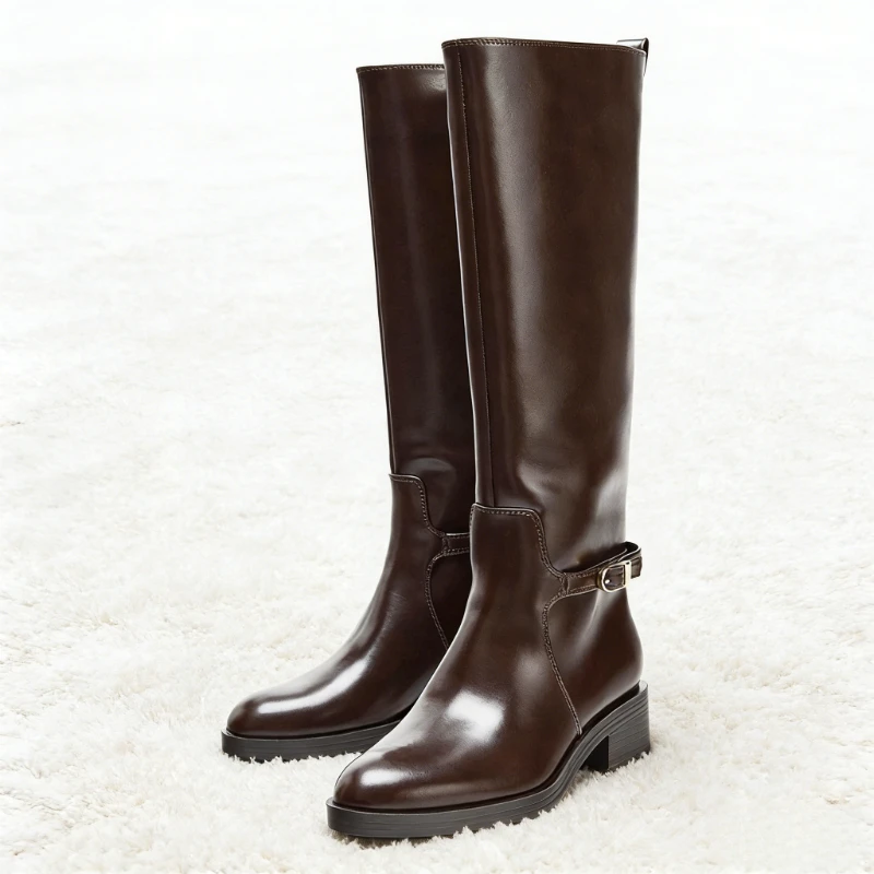 

Кожаные сапоги-ботфорты коричневого цвета для женщин, модные, на квадратном каблуке, с декоративной пряжкой, зимние, роскошные дизайнерские женские сапоги