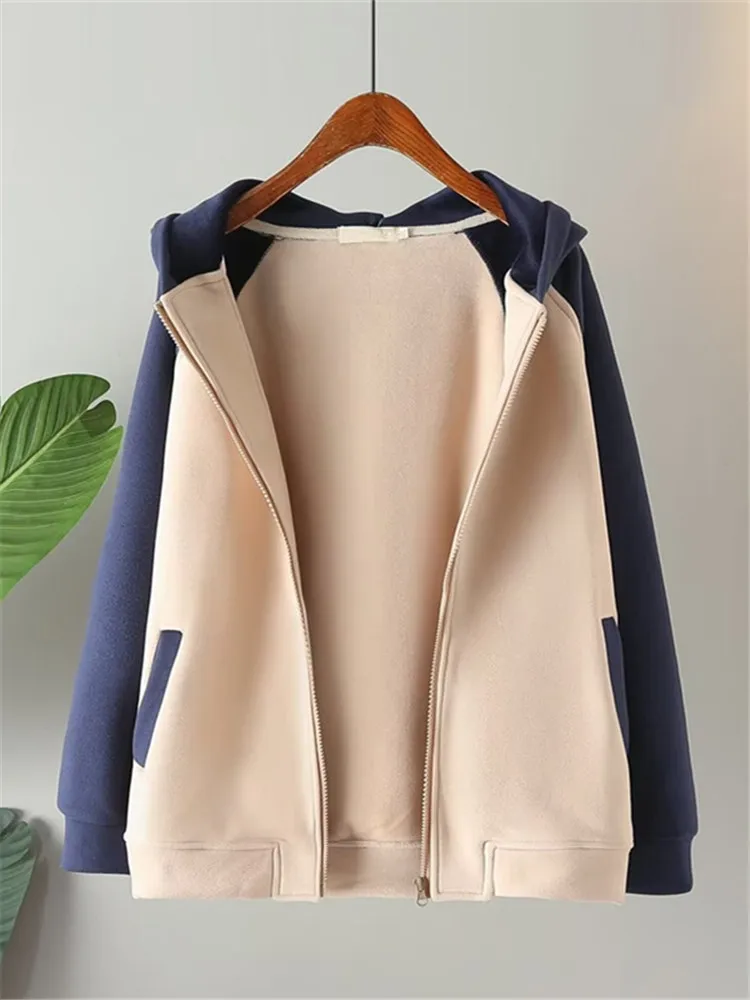 Plus Size Women's Clothing Autumn Winter Hoodies &Sweatshirts Hooded Long Sleeves Mixed color Warm Sweatshirt With Fleece Inside