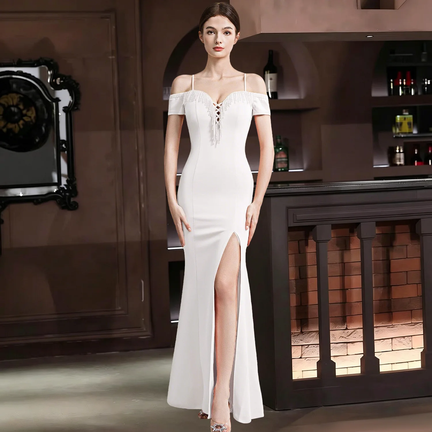 Evening Dress Women's Sling Party Annual Meeting Host off-Shoulder Slim Fishtail Long Dress