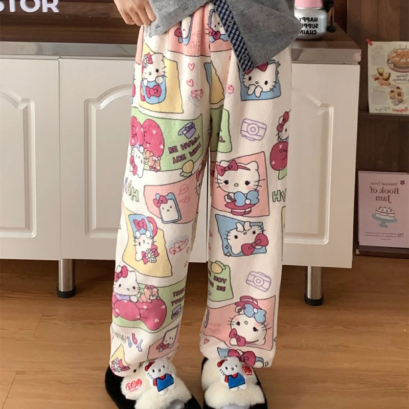 Anime Sanrio Hello Kitty Sweet Fashion Pajama Pants Girl Coral Velvet Warm Pants New Loose Casual Niche Home Pants Cute Gifts