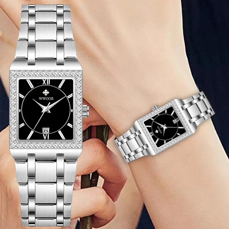 Fashion Women Watch WWOOR Ladies Quartz Square Diamond Bracelet Wrist Watch Waterproof Stainless Steel Calendar Relogio Feminino