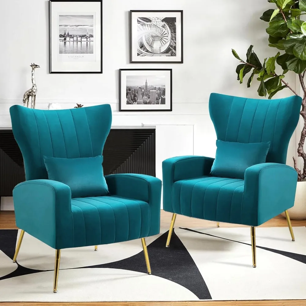 Velvet Accent Chairs Set of 2, Modern Arm Chair with Wingback & Gold Metal Legs for Living Room, Bedroom, Waiting Room