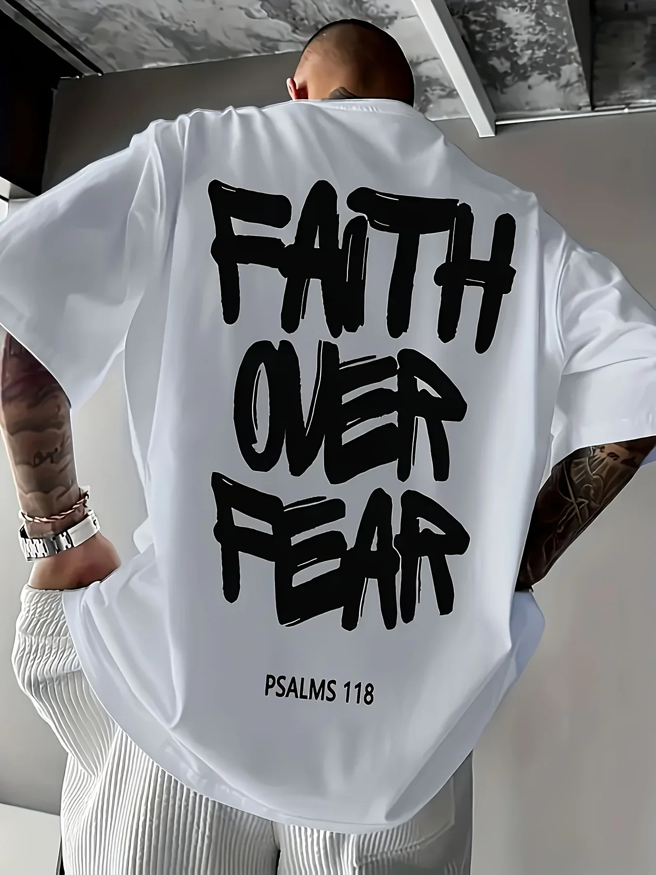 Summer Men's 100% Pure Cotton Casual Fashionable Loose FAITH OVER FEAR Letter Printed Round Neck Short Sleeved T-shirt