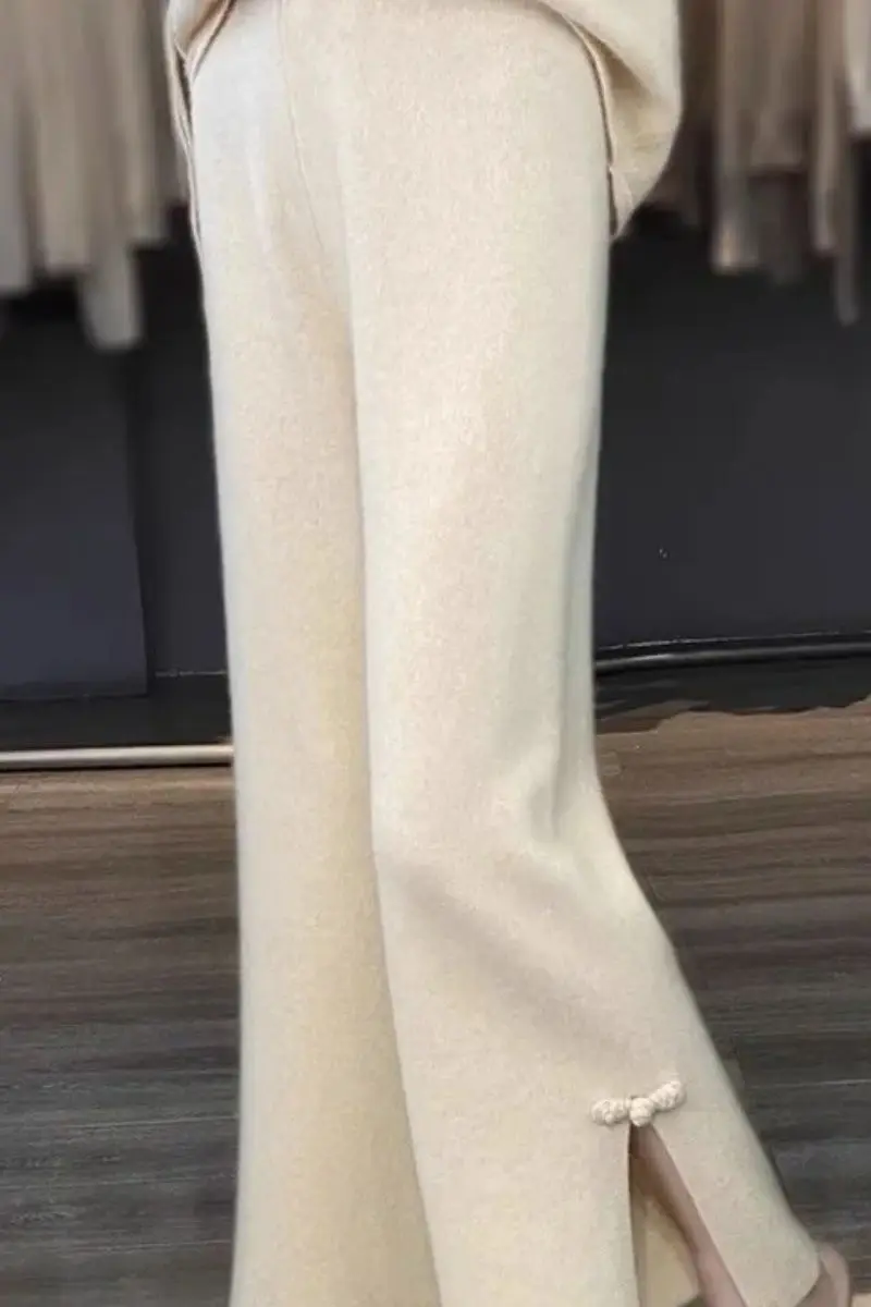 

new slit national style buckle pants for women who wear high-waisted thickened casual wide-leg pants in autumn and winter XT1632