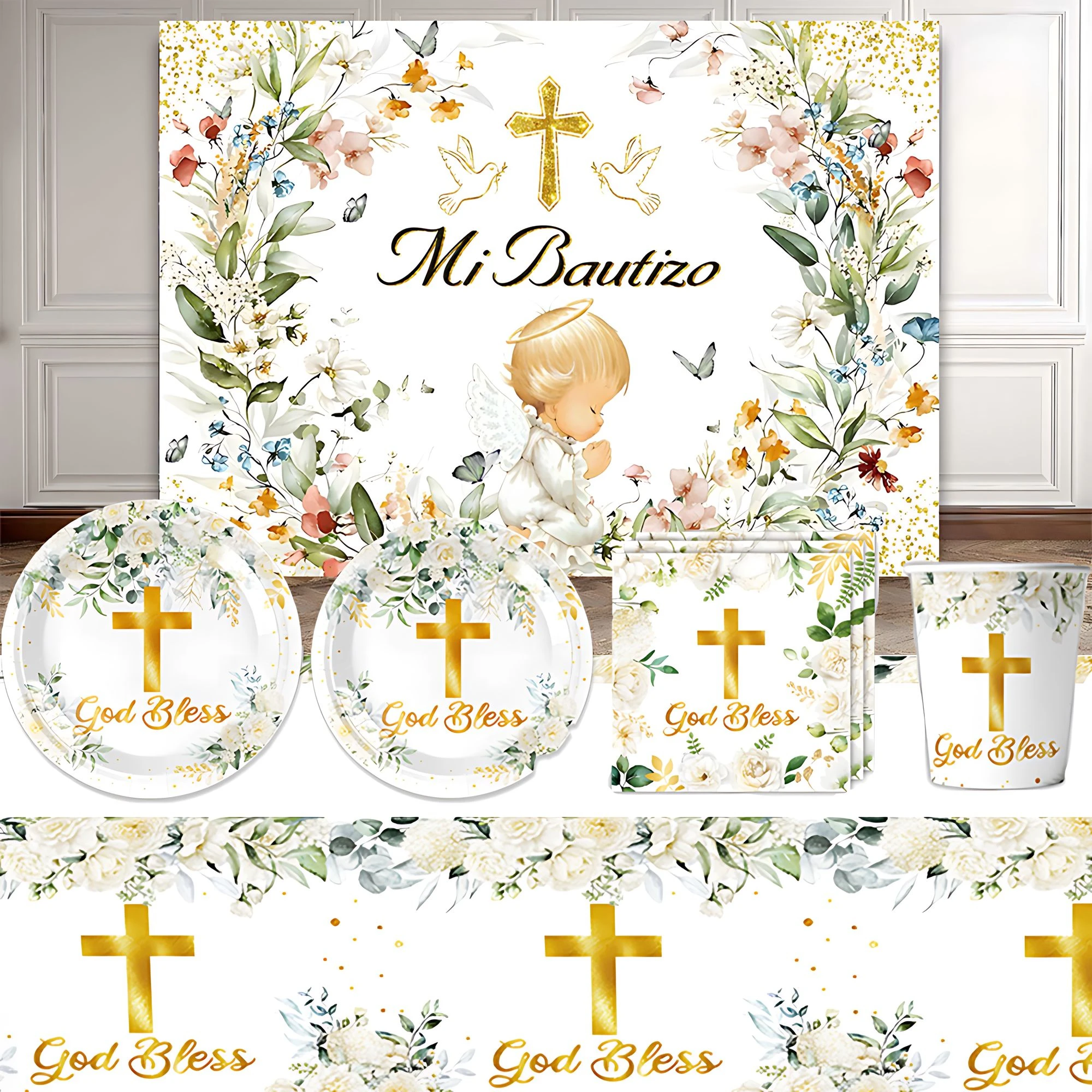 

My First Holy Communion Theme God Bless Flower Cross Kid First Baptism Disposable Tableware Background Decoration Party Supplies