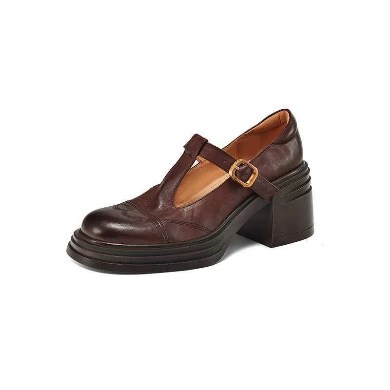 French single shoe women's round toe high heels thick leather thick soles retro Mary Jane women's shoes