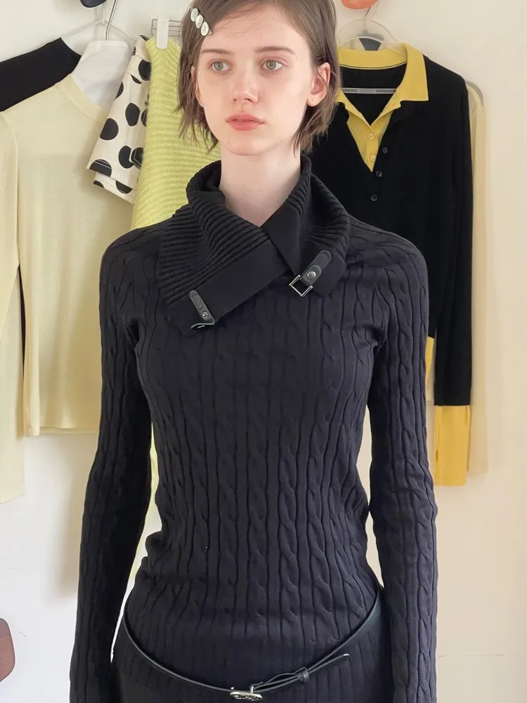 Designer Half High Collar Slim Fit Women Sweater Knitted Pullover Top Elegant Ladies Knitwear Coat Long Sleeve Casual Jumpers