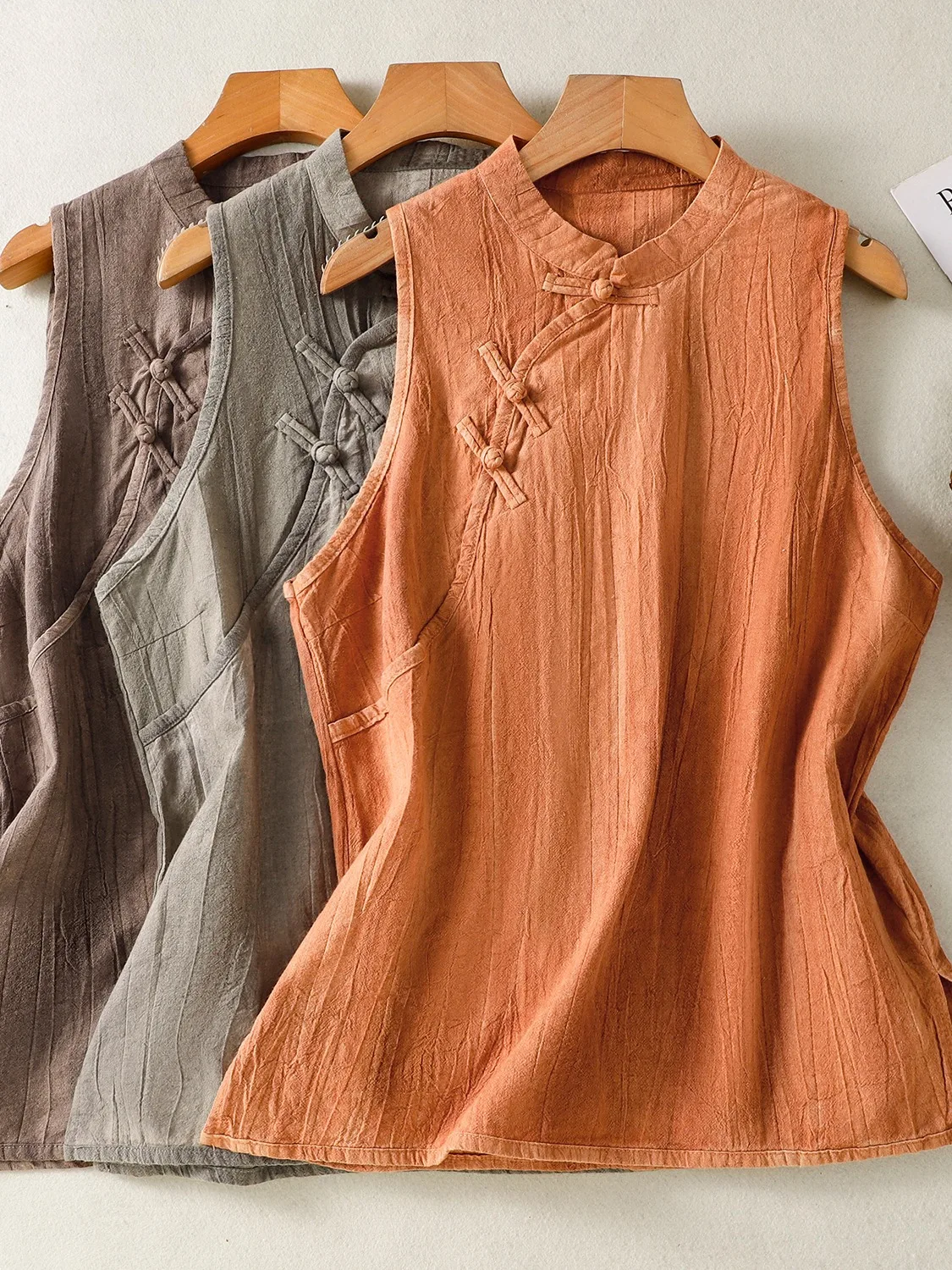 

New Chinese Sle Dyed Cotton Linen Svel Vest Women's Summer Cotton Linen National Sle Oblique Collar Button Stand Co...