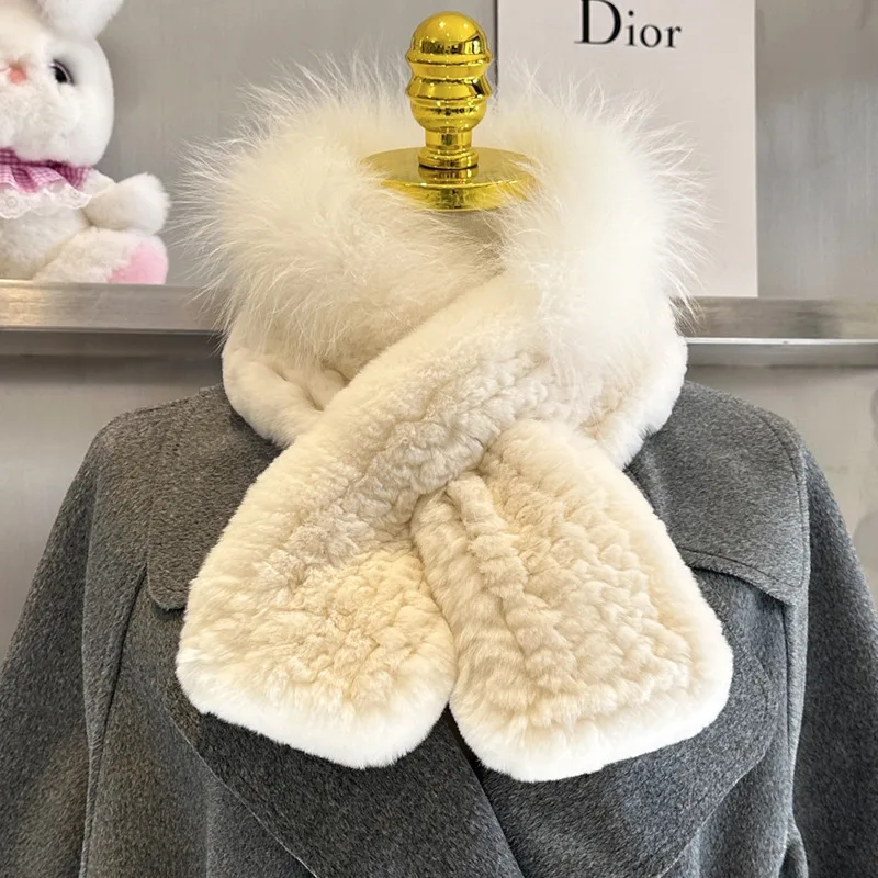 

Real Rex Rabbit Fur Scarf For Women Winter Double-sided Natural Fur Collar Neck Warmer Knitted Neckerchief Fashion Fur Scarves