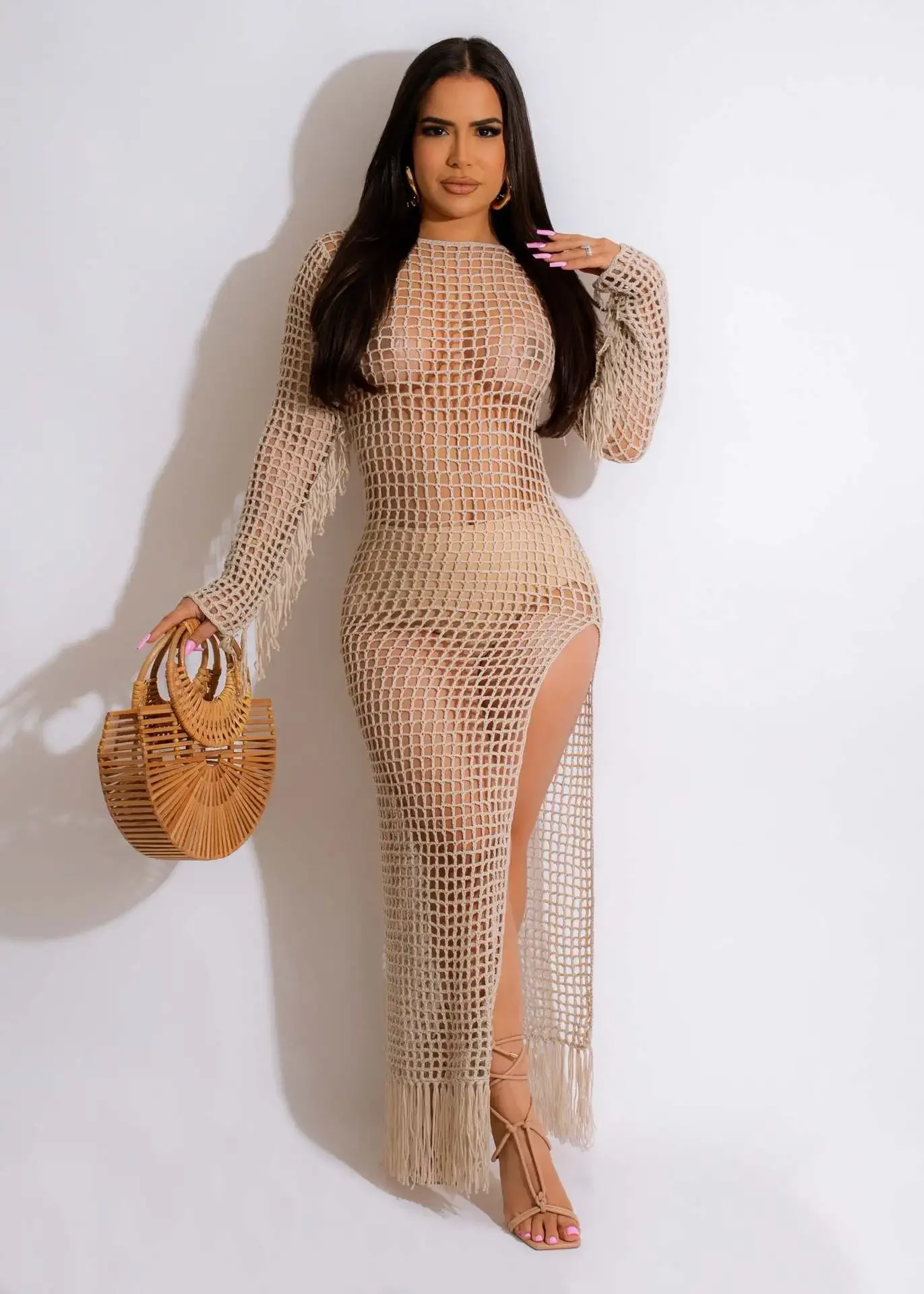 Hot Sexy Womens Maxi Dress Crochet Tassel Long Sleeve Hollow Out Knit Side Slit Bodycon Pencil Beach Dress 2024 Black Robes