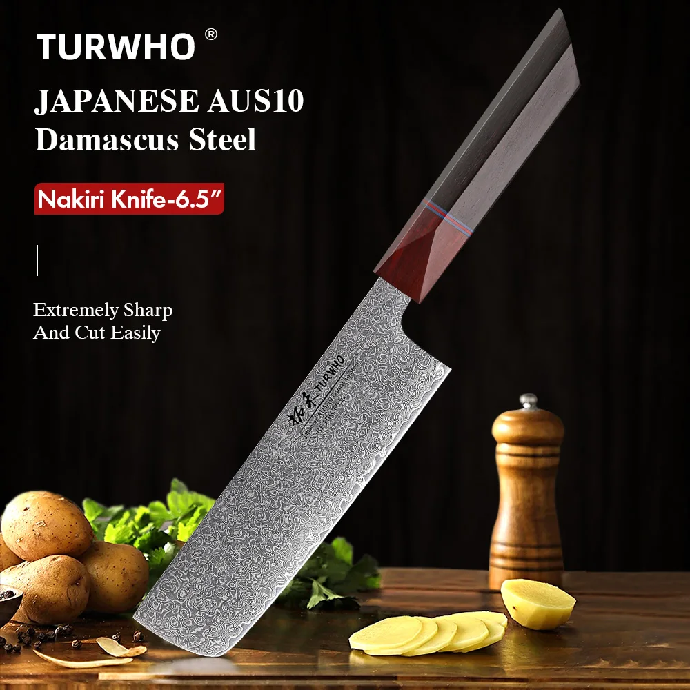 

TURWHO 6.5-inch Nakiri Knife Damascus Steel Hand Forged Japanese Chef Knives Kitchen Slicing Vegetables Cleaver Cooking Tools