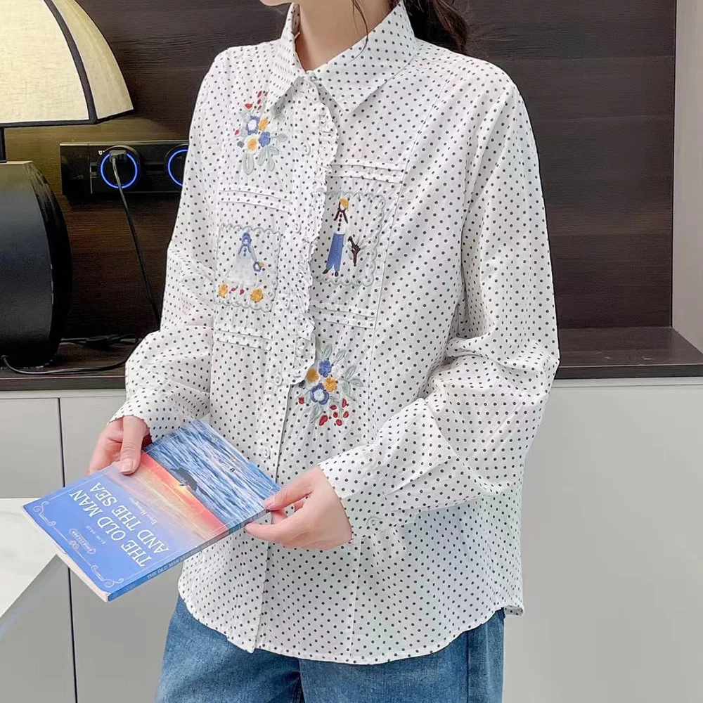 

Literary White Polka Dot Blouse Women Floral Cartoon Girls Embroidery Cotton Shirts Ladies Office Original Women's Shirts