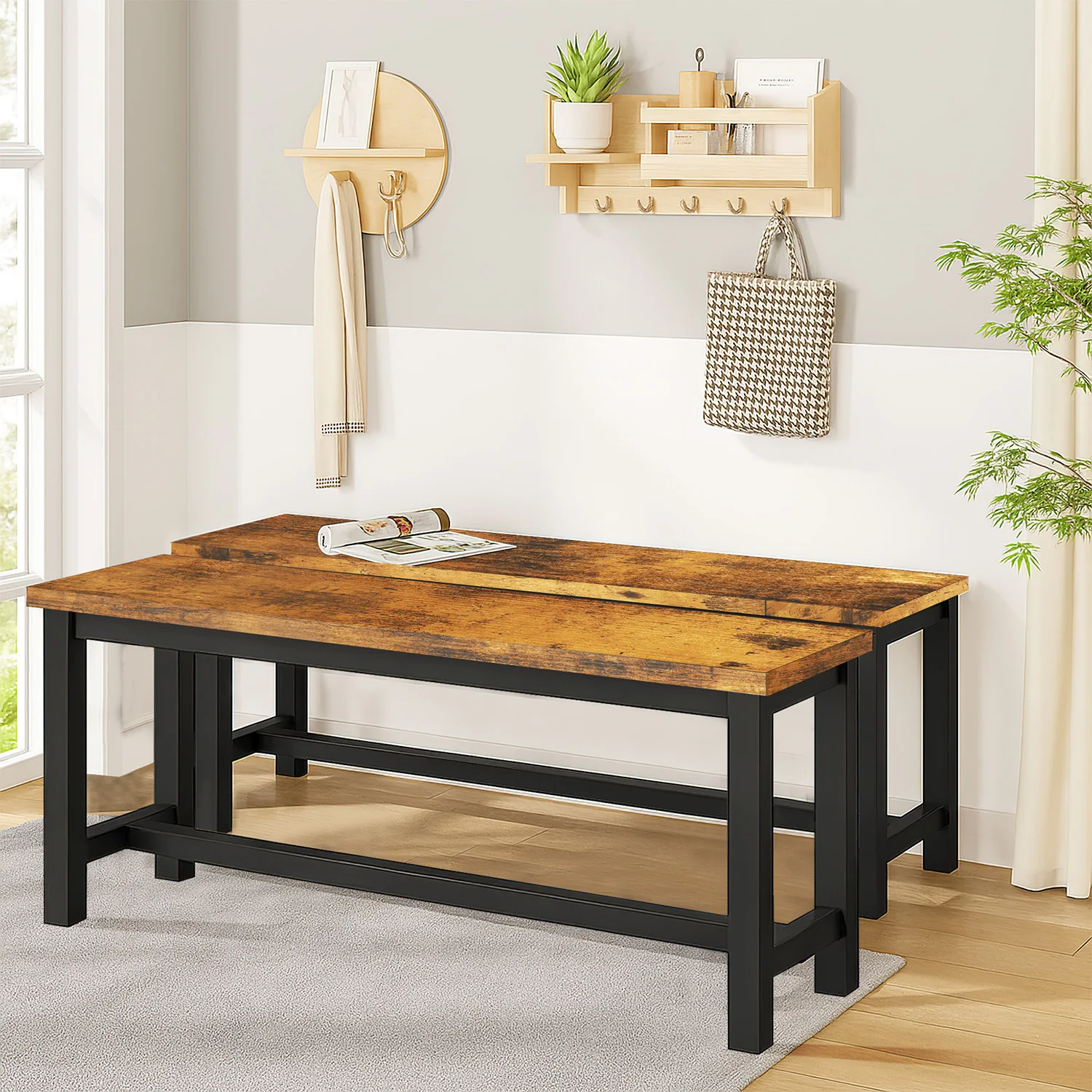 2-Piece Industrial Dining Bench Set  Metal Frame with Wood Top, Entryway Benches for Kitchen, Hallway, Bedroom or Foyer