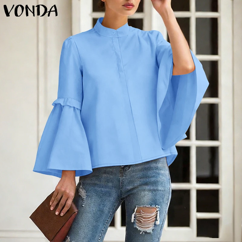 VONDAPlus Size 5XL 2026 Women Solid Shirts Long Flare Sleeve Fashion Blouse Autumn Spring Casual Elegant Office Lady Tops Tunic