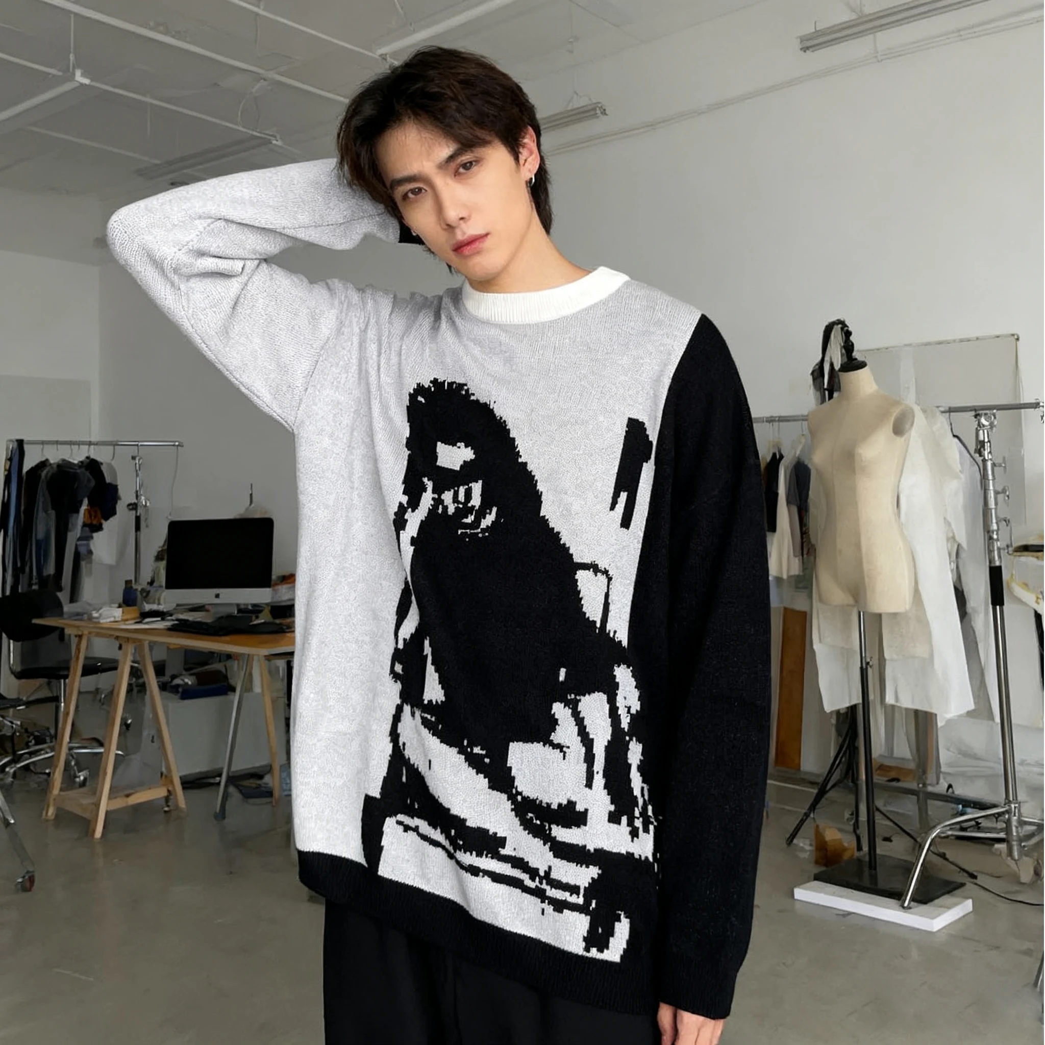 

Y2K Hip-hop Fashion Casual Retro Mens Clothing Sweater Streetwear Knitted Portrait Painting Graphic Pullover Harajuku Loose