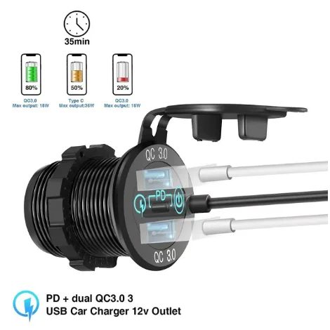 USB Socket Charger 60W 12V-24V PD 1 USB-C 2 Ports QC3.0 Fast Charger with Touch Switch For Car Marine Waterproof Dustproof