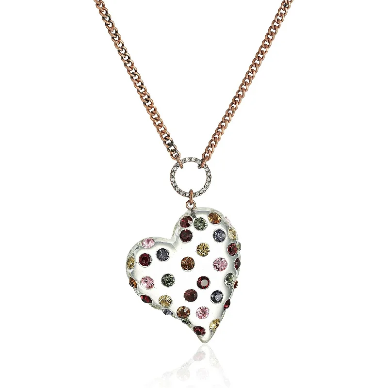 

Crystal Heart Long Necklace, Light Copper Tone 34 Inch Chain with Multi-color Stones, Elegant Pendant Jewelry Gift for Women