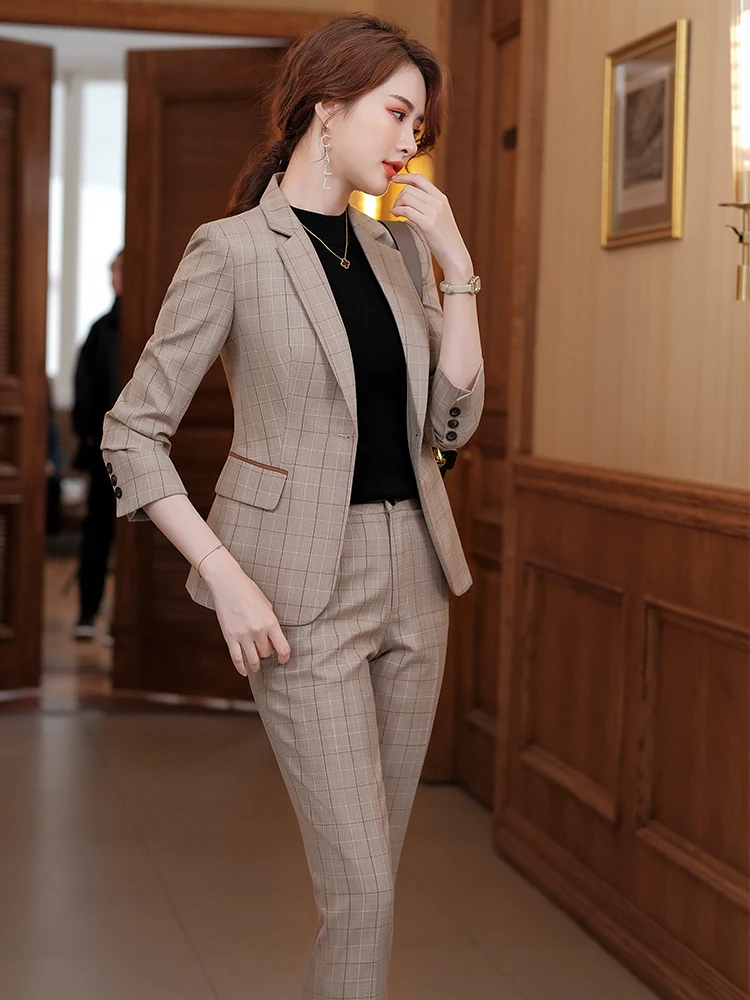 Women Pink Khaki Blue Plaid 2 Piece Set Pant Suit Formal Office Ladies Business Work Wear Blazer Jacket and Trouser