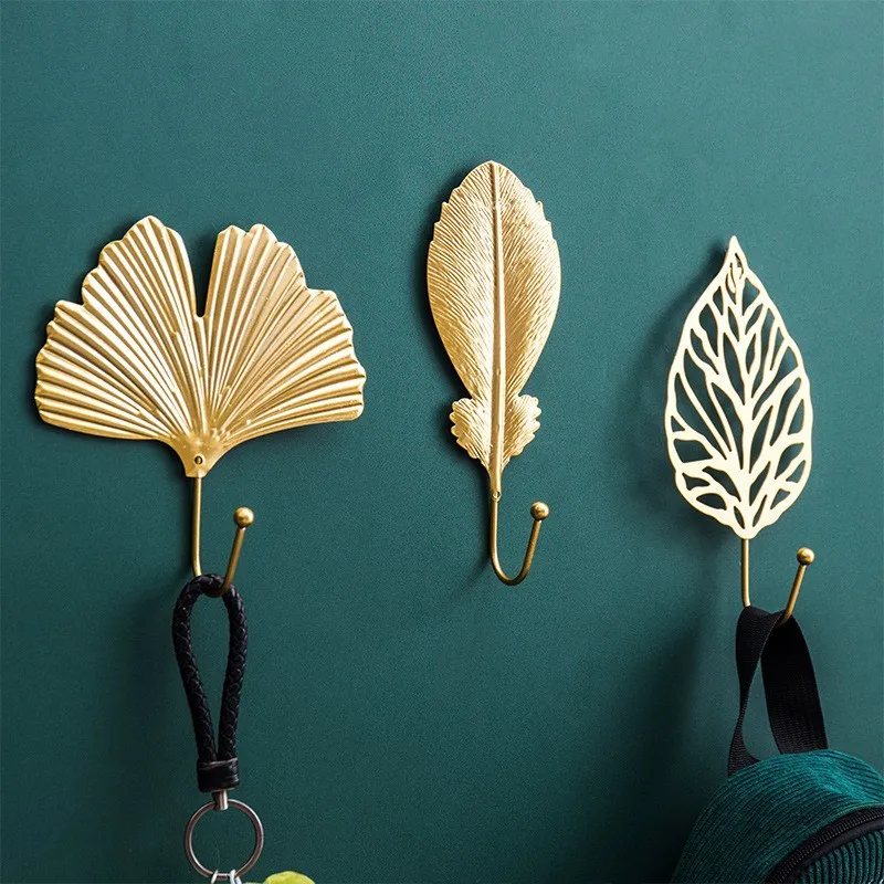 Retro Gold Leaf Shape Hanging Hooks Punch-Free Wall Hanger Hanging Storage Rack Towel Watch Bag Key Self Adhesive Household