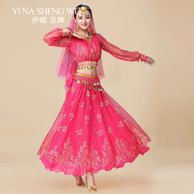 Nouveau ensemble de costumes de Bollywood vêtements de spectacle de danse du ventre en mousseline de soie à paillettes haut à manches longues femmes adultes ensemble de costumes de danse indienne