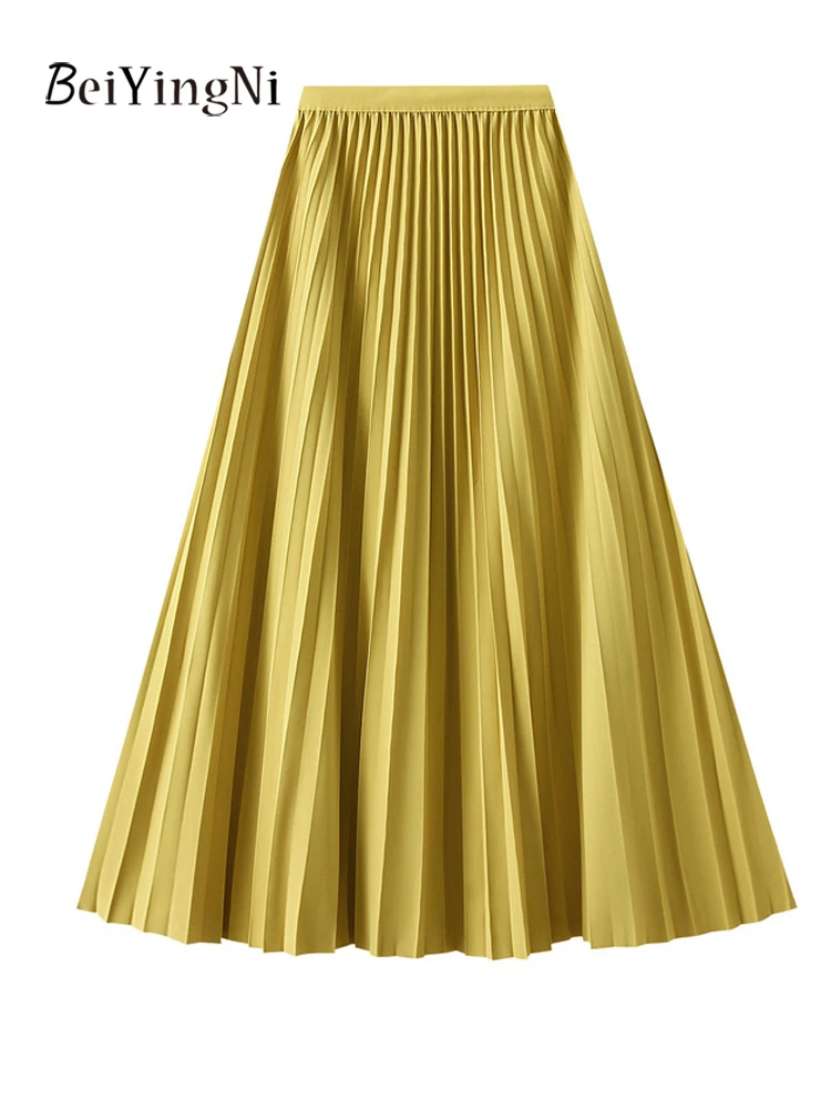 Beiyingni Woman Pleated Midi Skirt Solid Color Casual Woman's Elegant A-line High Waist Skirts Korean Fashion Large Hem Faldas