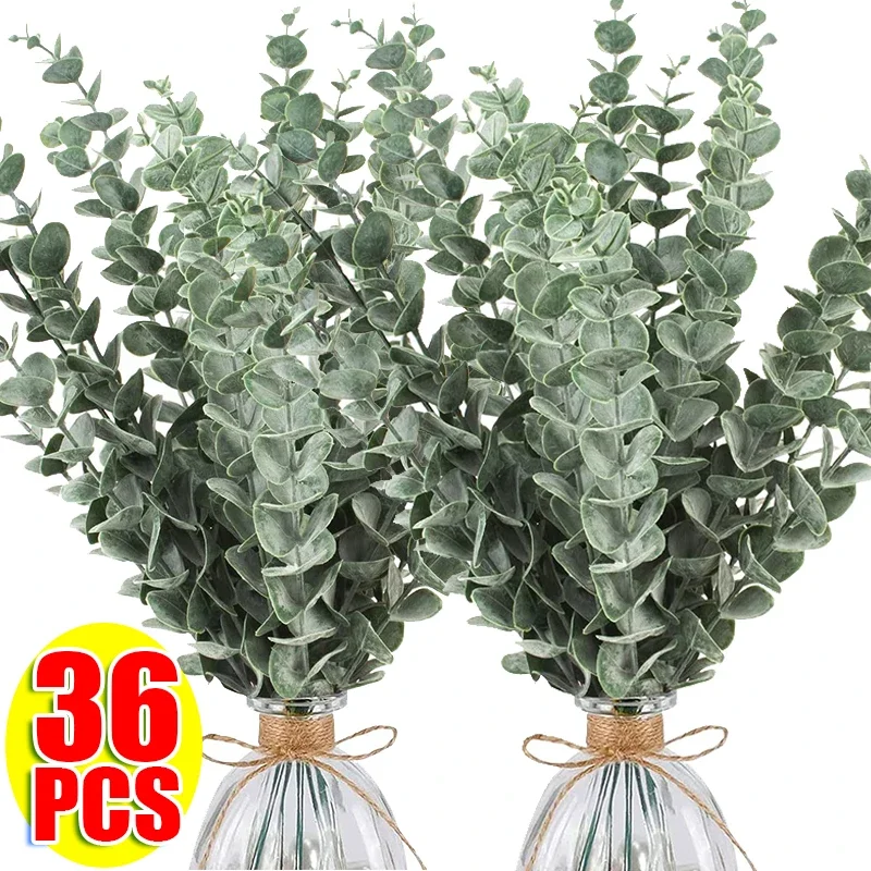 12/36PCS Artificial Eucalyptus Stems Leaves Bunch Branch Fake Plastic Plant Real Touch Wedding Party DIY Table Decoration Wreath