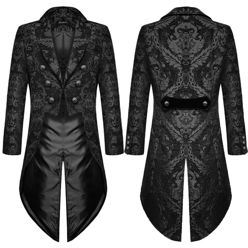 Fashion men's Gothic steampunk tailcoat jacket, black brocade fabric, wedding coat, Gothic style, Halloween
