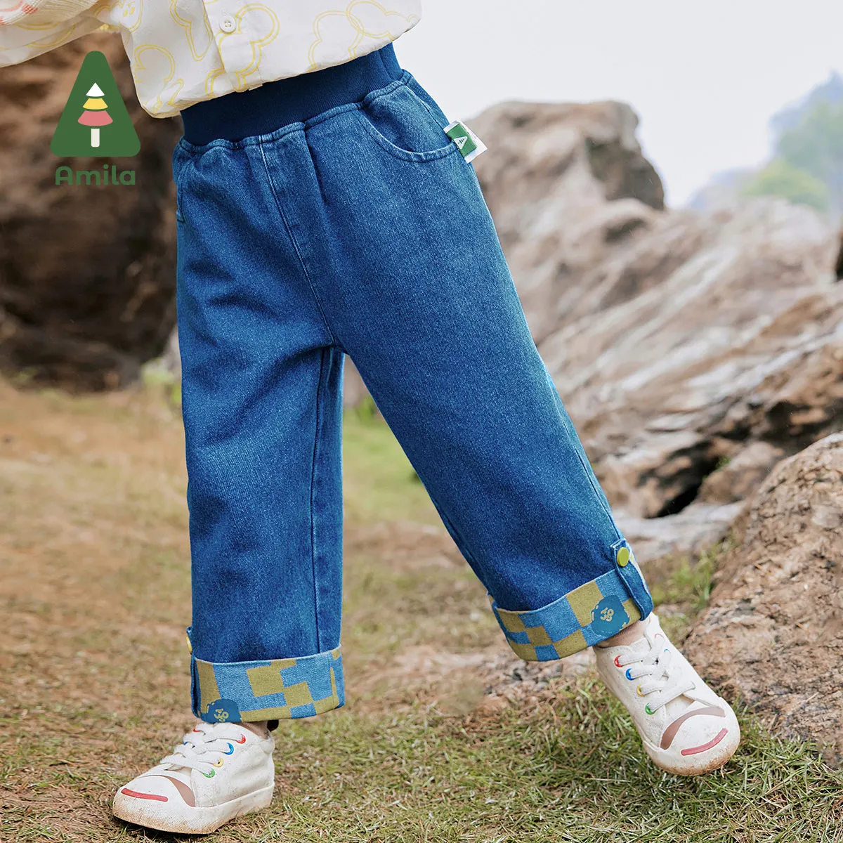 Amila Baby Jeans 2024 Autumn New Girls A-Line Wide-Leg Version Cotton Soft Denim Contrast Color Stitching Children‘S Trousers