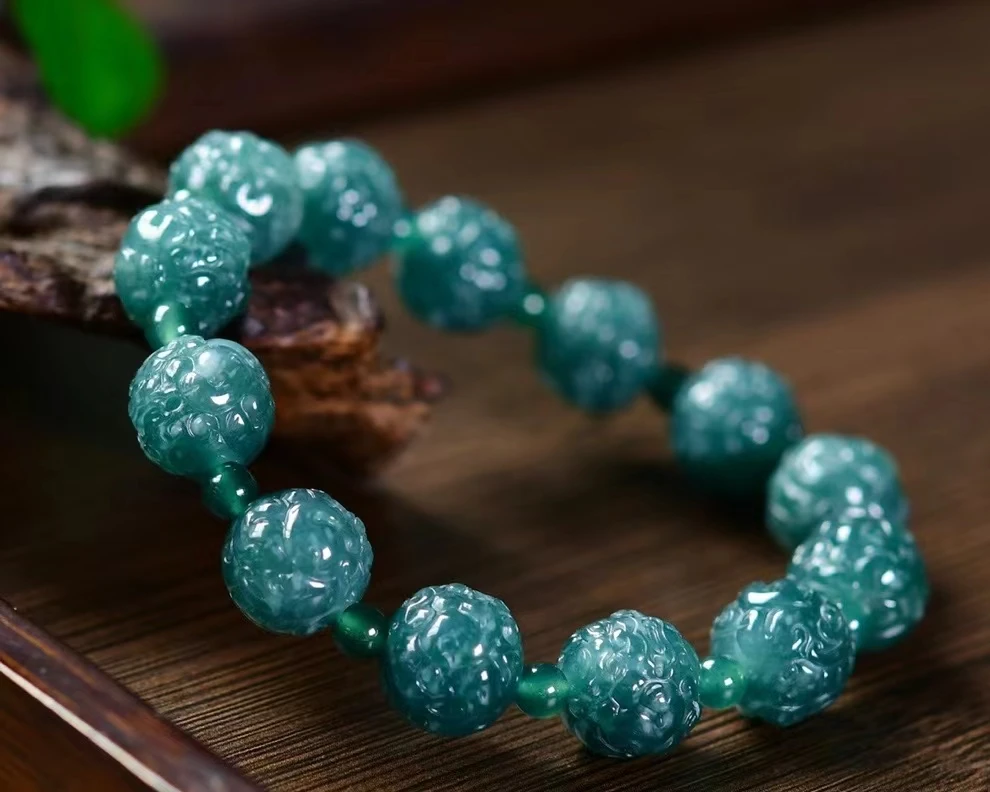 Natural Green Jade A Carved Round Beads Bracelet Pendant 12.6mm Women Natural Gemstone Rare Jade A Crystal AAAAAA