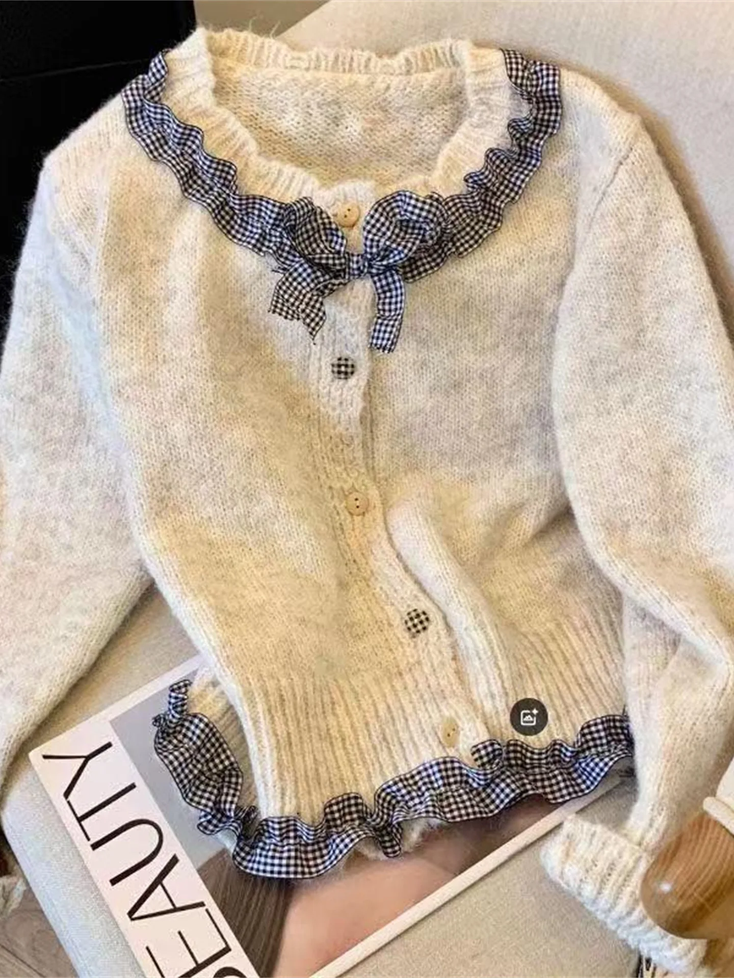 

Korean Sle Long Sve Sweater Cardigan Women's Autumn Winter Faionable Knitted Top Knot Plaid Design Youthful