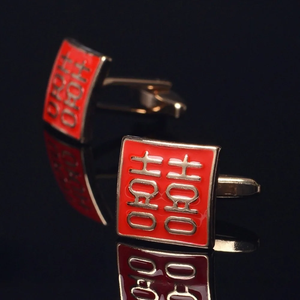 Gemelos de doble felicidad con palabra feliz, Clip de corbata de boda tradicional chino de aleación, botón de manga de novio de bendición roja