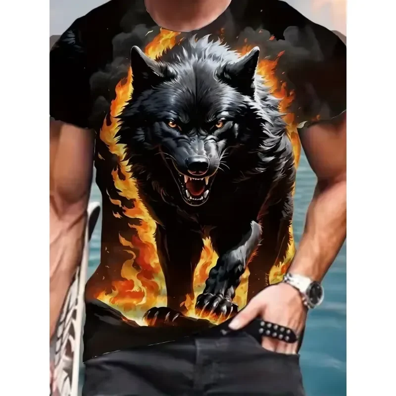 Fire Wolf Graphic 3D Print Men T Shirt Summer Oversized Casual Short Sleeve Tops Tees Men's Fashion Fitness Clothing