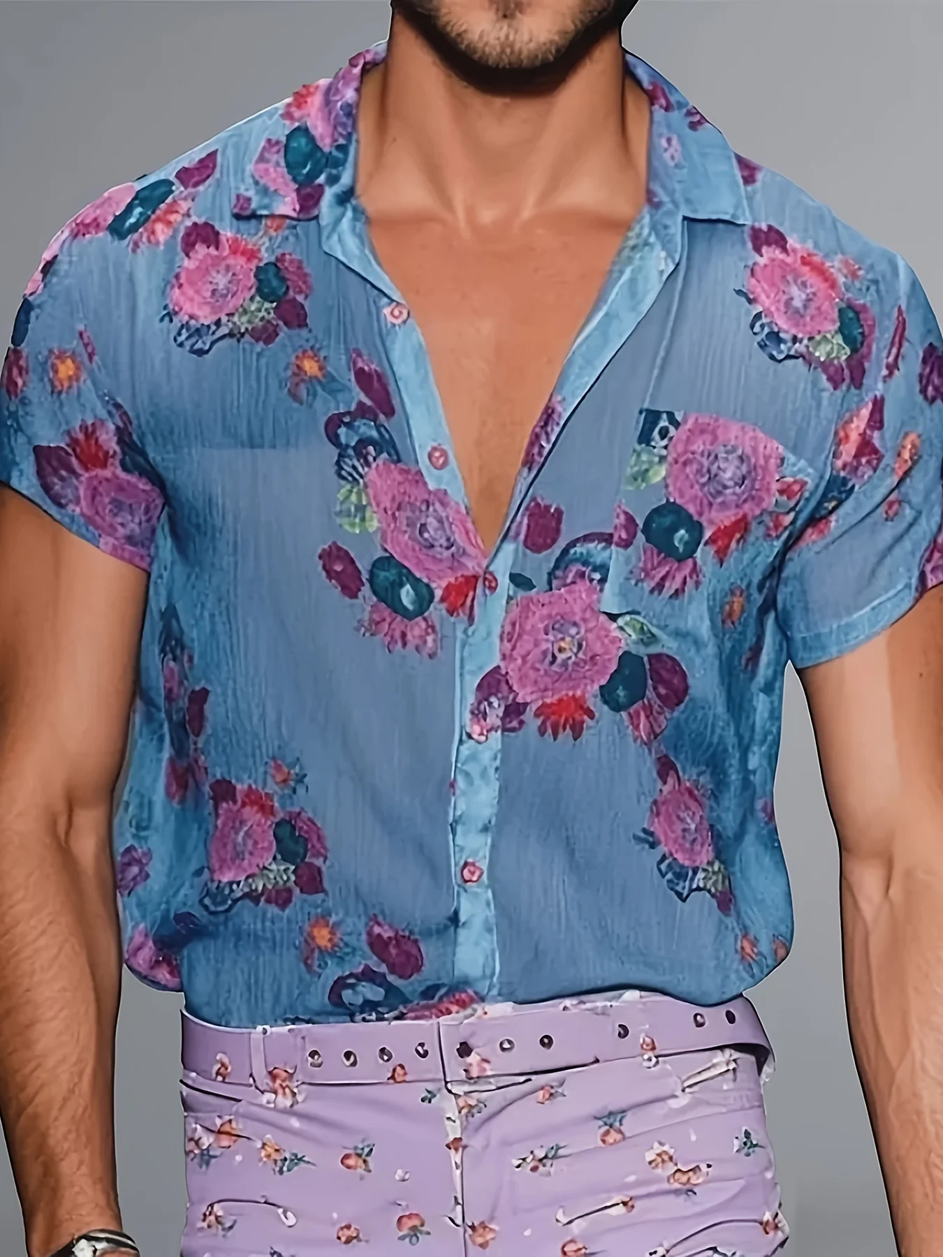 

Vacation Turndown Collar Short Sleeve Chest Pocket Floral Pattern Shirt