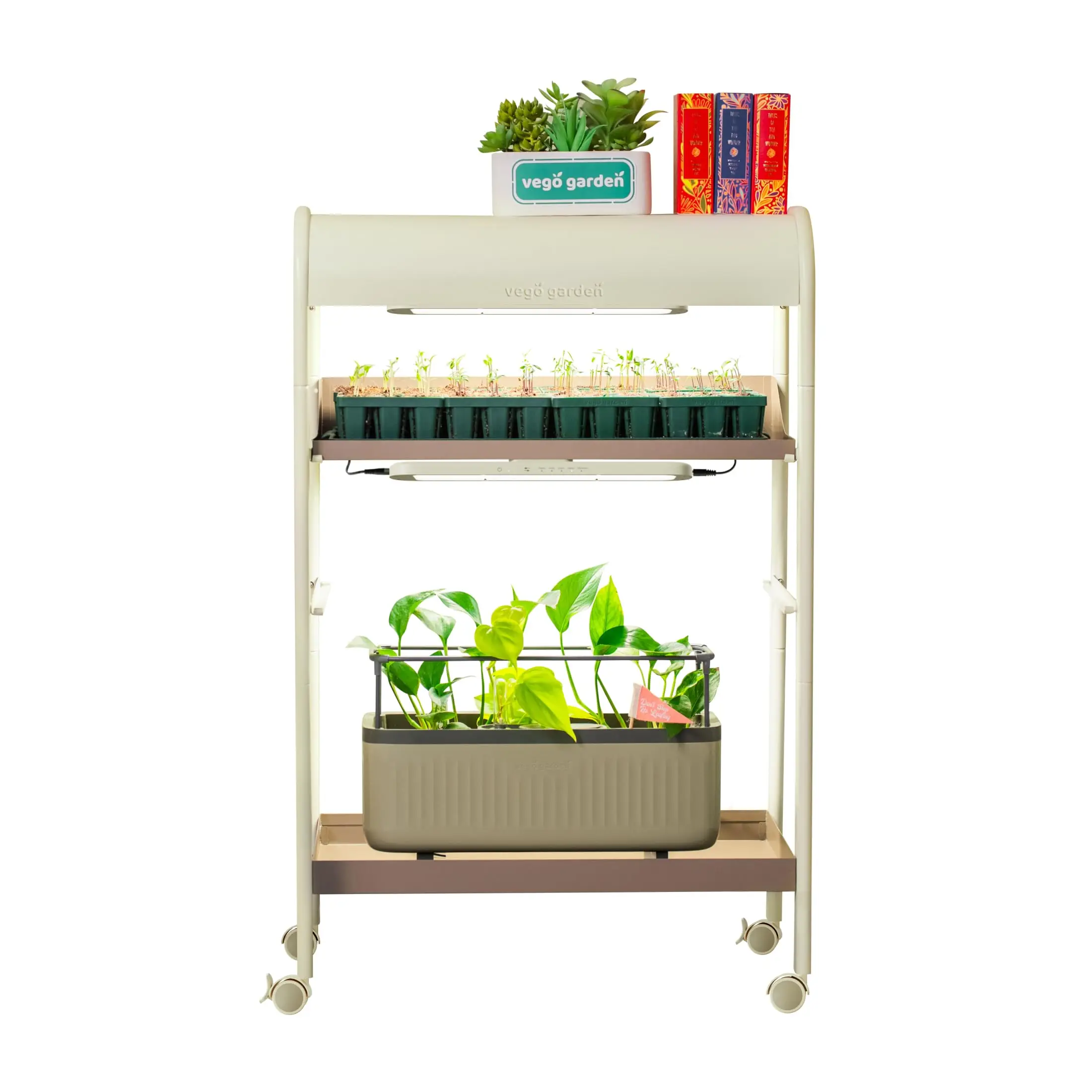 2 Tier Rolling Metal Corner Plant Stand Indoor with Grow Light, Full Spectrum LED Grow Light, Plant Rack for Seed
